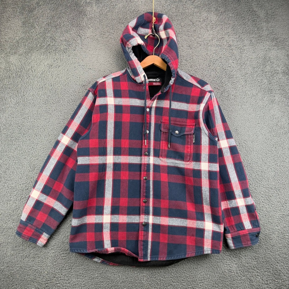 Wolverine Mens Plaid Hooded Flannel Shirt Jacket Red Navy Blue Fleece Lined L